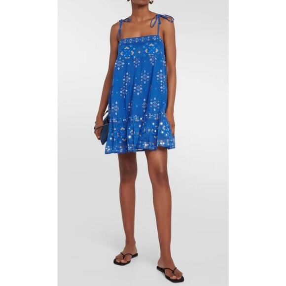 Juliet Dunn Peacock Mosaic Print Wave Blue Cotton Mini Dress Size 3 / Medium - Picture 1 of 11